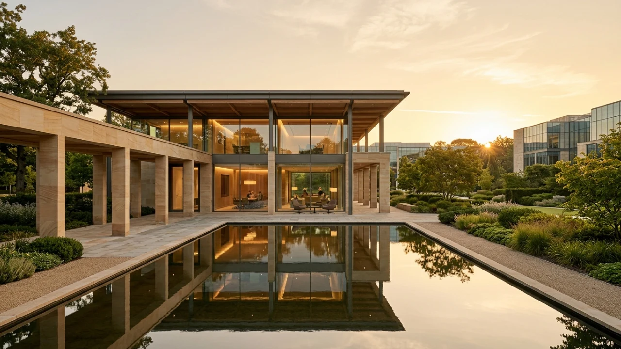 BHR Code enterprise capability headquarters architectural pavilion with sandstone colonnades, floor-to-ceiling glass and reflective pool under clear morning light