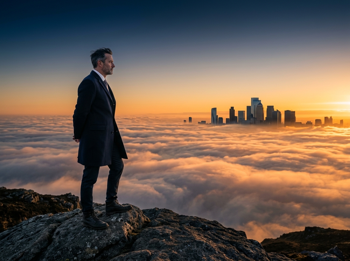 Thoughtful business leader on an elevated mountain ridge gazing at dawn clouds and distant city skyline, symbolizing moving from ambition to measurable impact