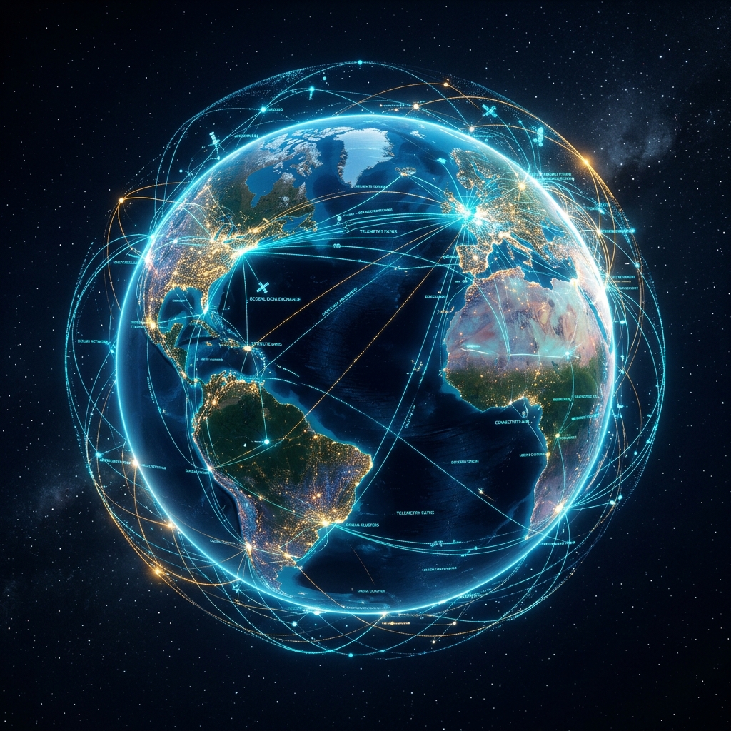 Glowing 3D digital holographic globe showing connected global capability delivery corridors and network telemetry