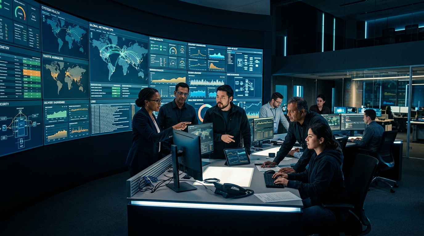 Enterprise operations command center with multidisciplinary delivery team collaborating in front of telemetry wall screens
