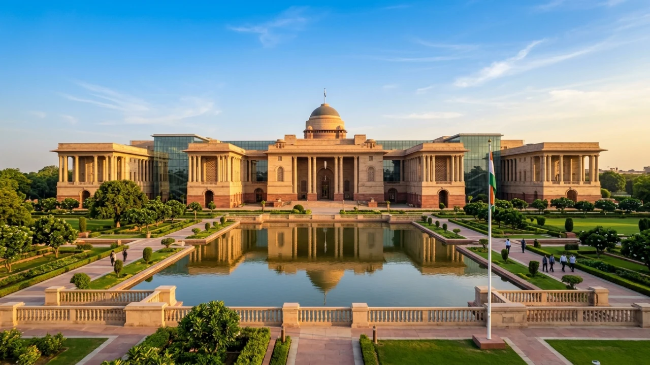 Indian institutional secretariat administrative complex with sandstone colonnades, formal reflecting pool and contemporary architectural wings under clear morning light