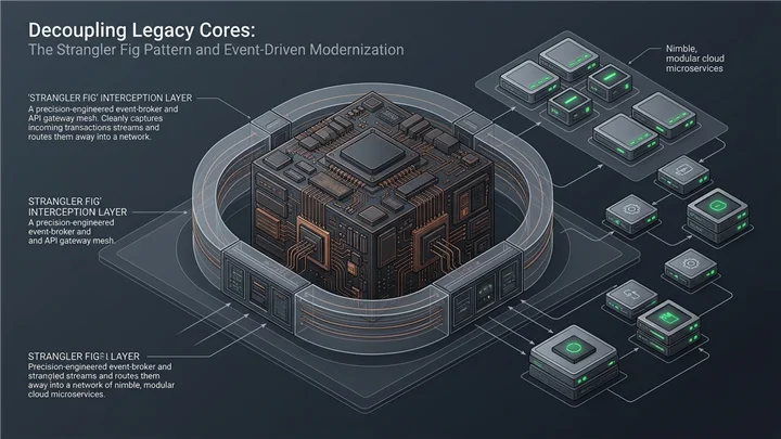 Enterprise cloud datacenter infrastructure representing legacy core decoupling and high-speed API transit corridors