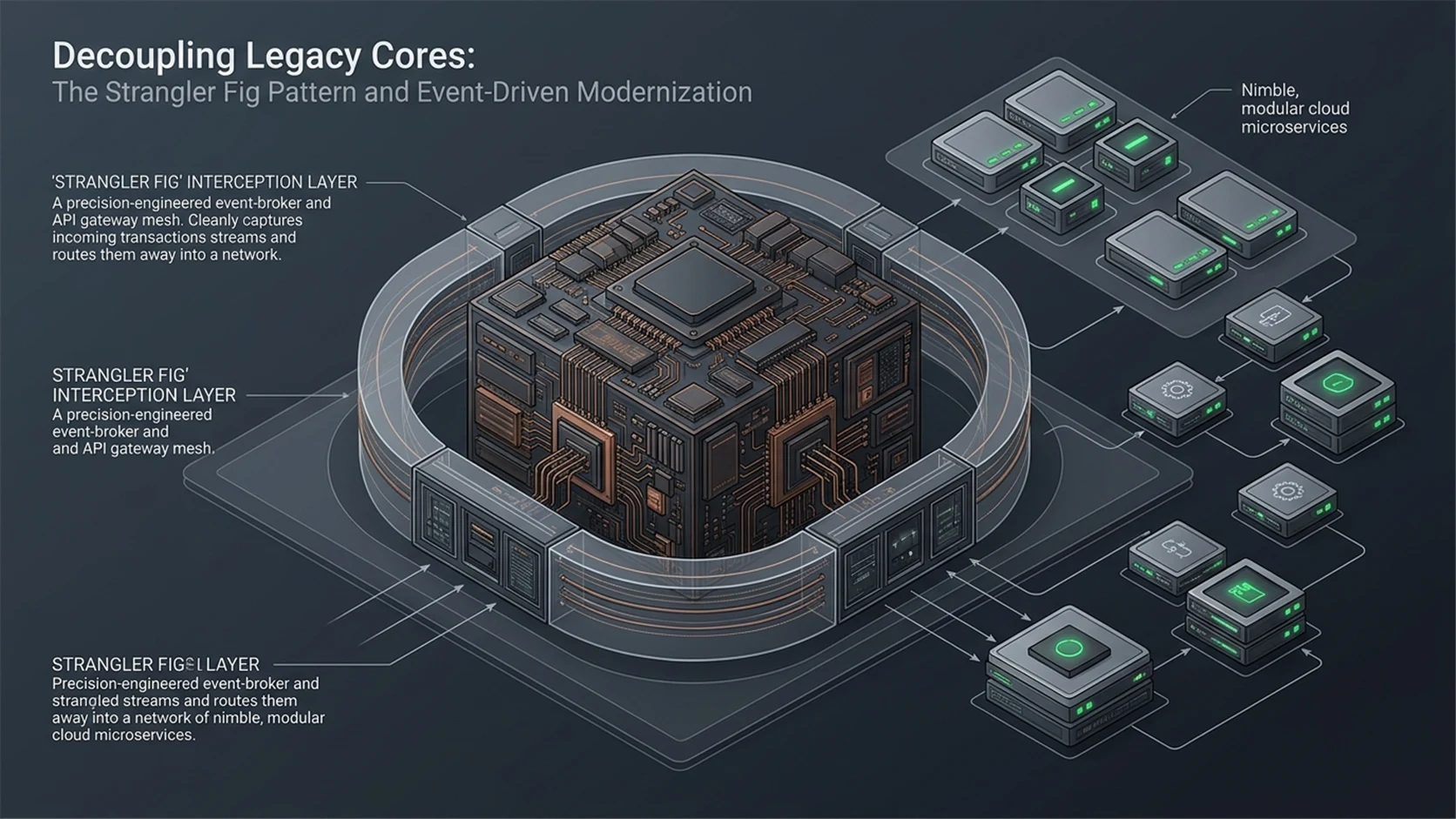 Enterprise cloud datacenter infrastructure representing legacy core decoupling and high-speed API transit corridors