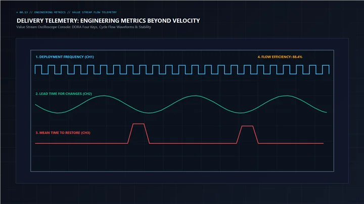 Executive engineering telemetry dashboard tracking software delivery flow, deployment cadence, and system stability