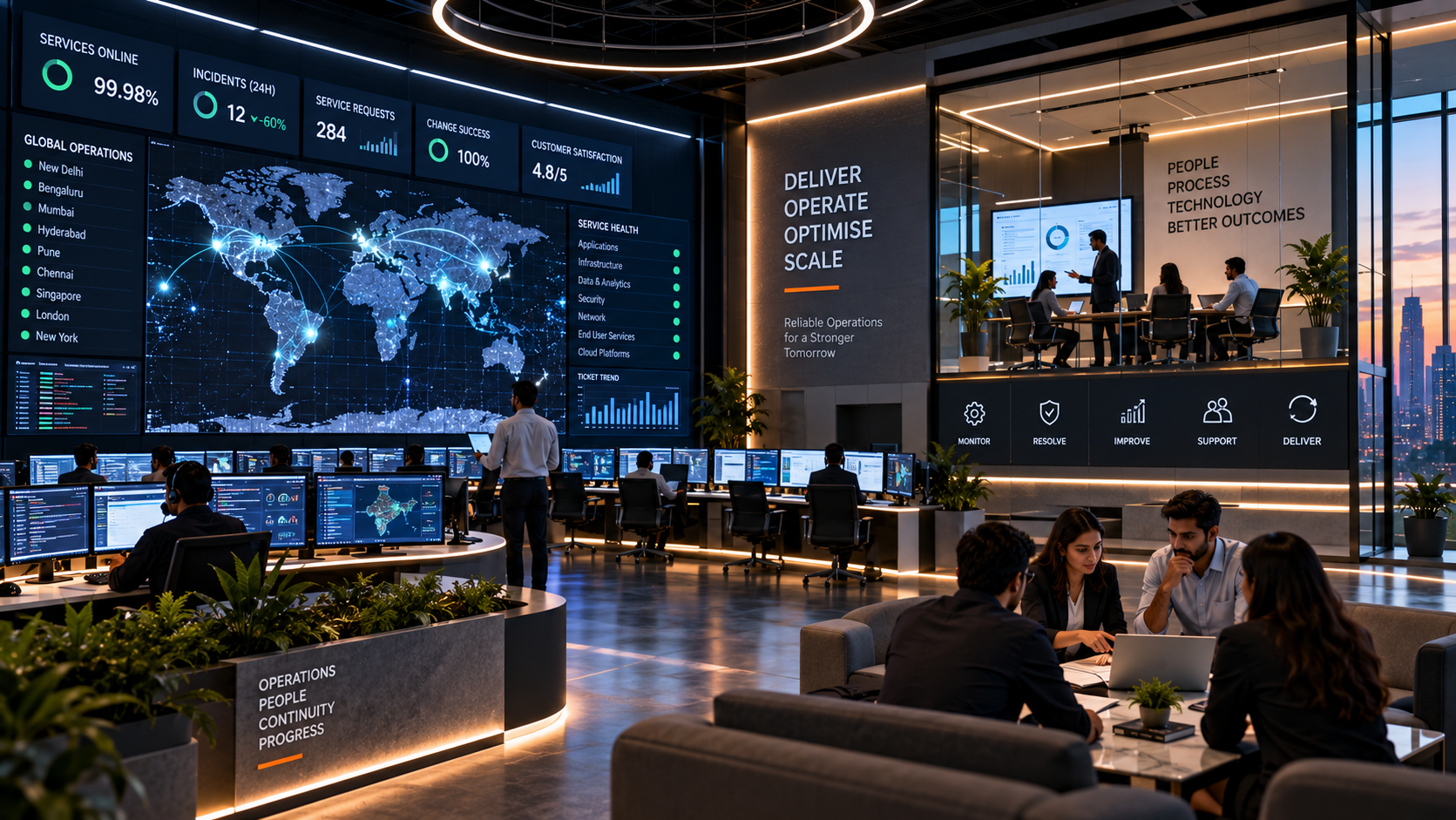 Operations command centre coordinating managed workforce delivery and SLA metrics