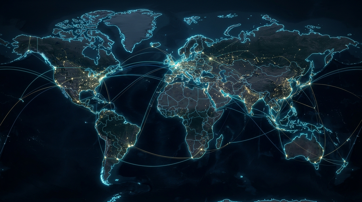 Wide dark global opportunity map showing international network connectivity arcs, strategic trade corridors and sourcing hubs